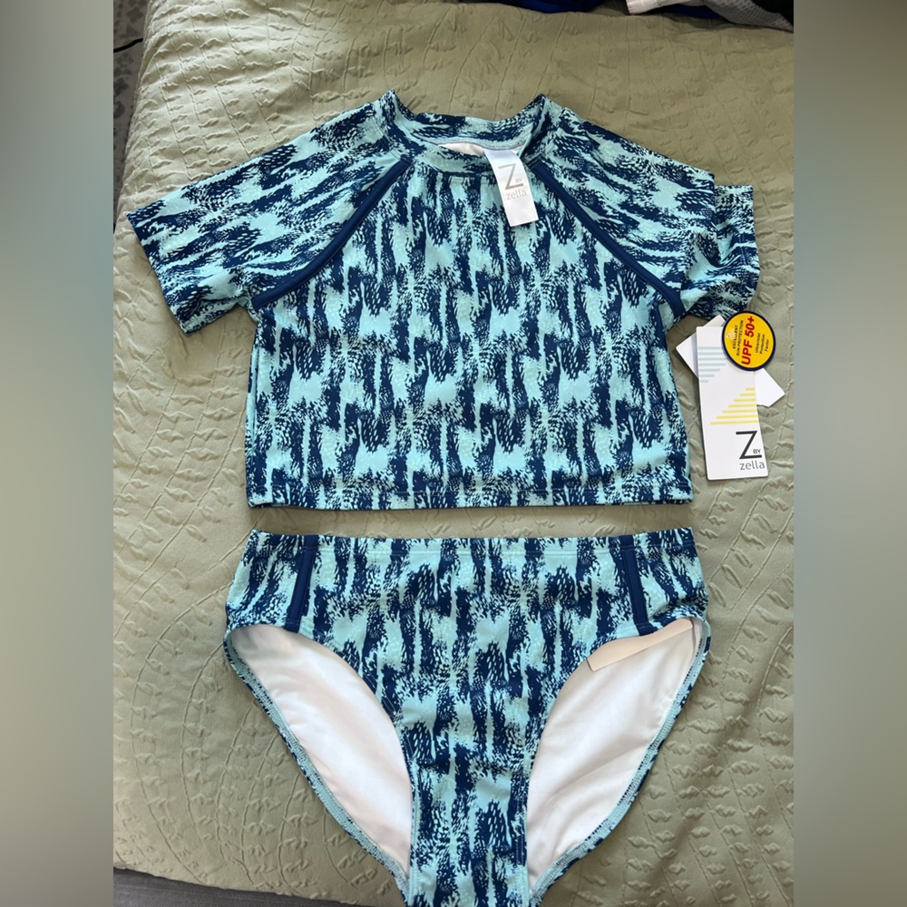 Zella Kids Teal Patterned Rashguard Set Sz 14